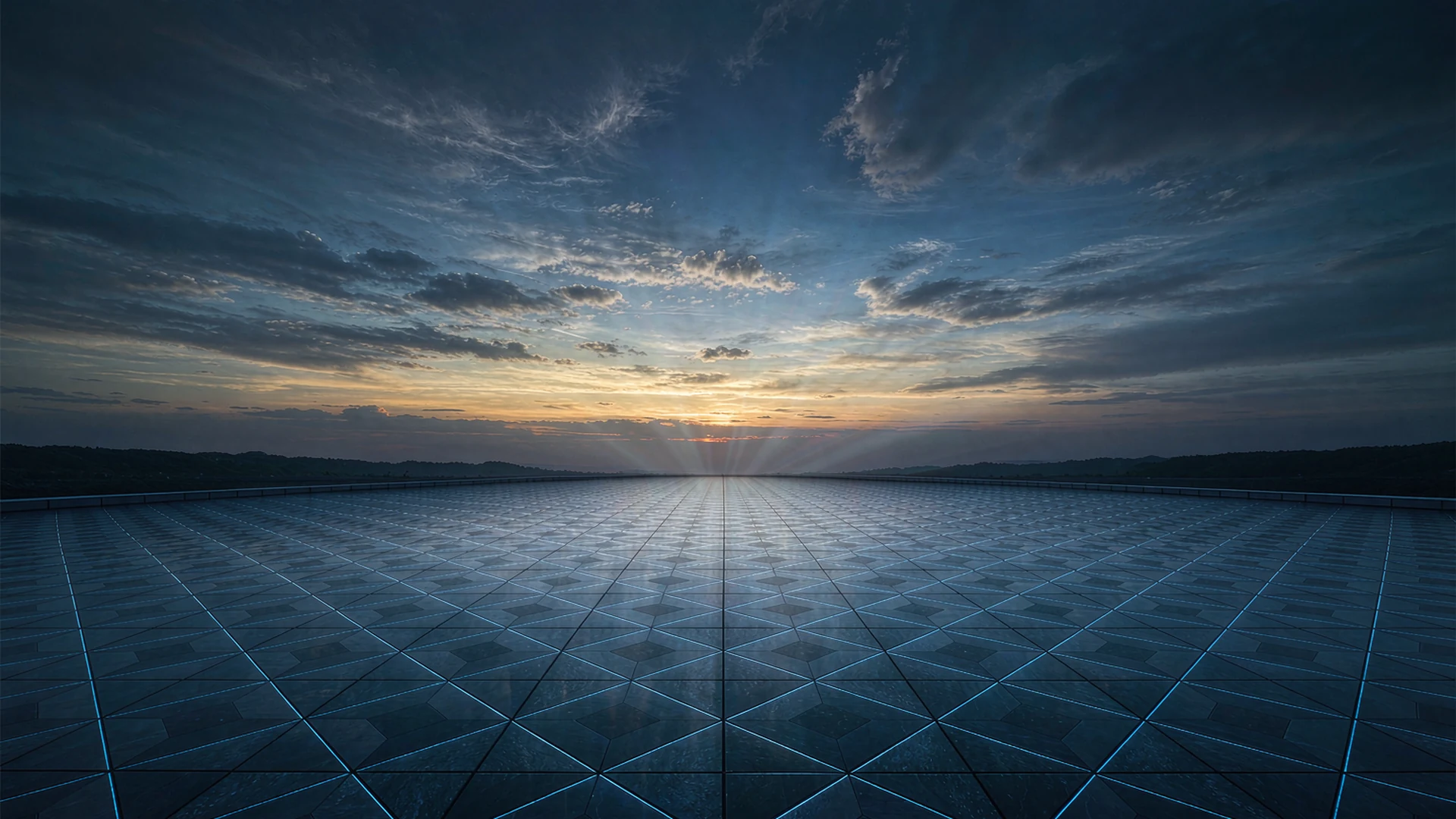Illustrative capacitor array receding in one-point perspective beneath a dusk sky, concept visual for power electronics applications
