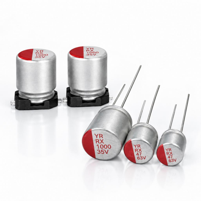 Conductive polymer aluminum solid capacitors showing raw cylindrical aluminum cans and lead terminals against a neutral background